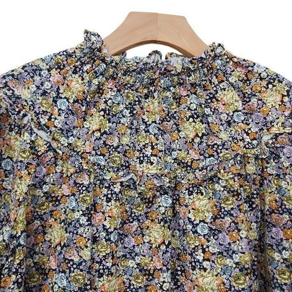 Universal Thread Blouse Womens XS Beige 3/4 Balloon Sleeve Shirred Neck Floral - Picture 3 of 10